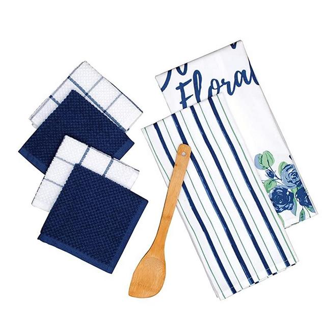 Amour Infini Blooming Floral 6 Pack Kitchen Set | 2 Decorative Kitchen Towels (28” x 18”) and 4 Terry Dishcloths (12” x 12”) | | 100% Cotton Machine Washable | Super-Soft and Ultra Absorbent | Blue