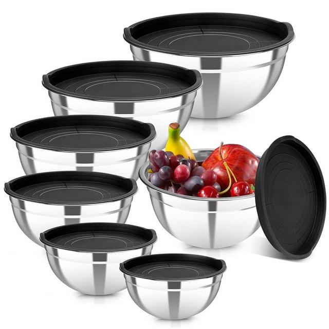 YJSLICT 7 Piece Stainless Steel Mixing Bowls with Lids Set, Metal Mixing Bowls Nesting Design Salad Bowl for Kitchen Cooking, Baking, Prepping and Serving Food (Size 0.7, 1.1, 1.5, 2.1, 3.5, 4, 4.5QT)