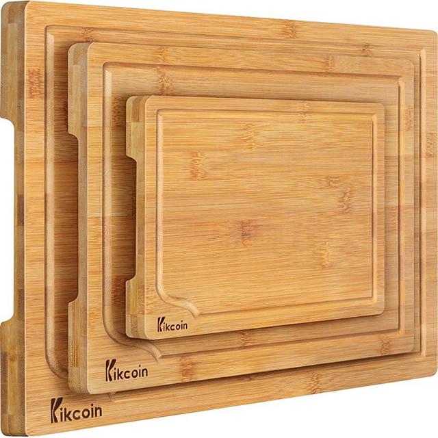 Bamboo Cutting Board, 3-Piece Kitchen Chopping Board with Juice Groove and Handles Heavy Duty Serving Tray Wood Butcher Block and Wooden Carving Board,Large,Kikcoin