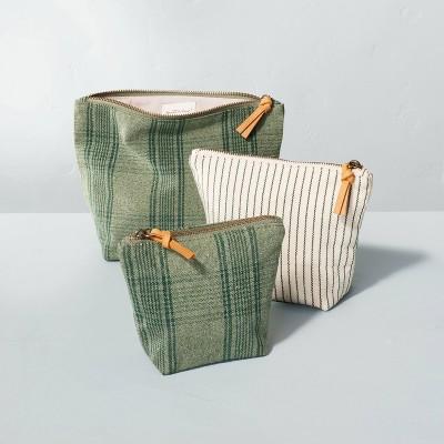 3pc Plaid & Stripes Travel Pouch Set Green/Cream - Hearth & Hand™ with Magnolia