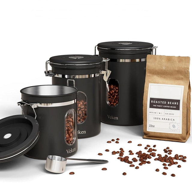 Coffee Canister Set 16 + 22 + 38 oz with Window, Airtight Stainless Steel Kitchen Food Storage Container with Date Tracker and Scoop for Grounds Coffee, Beans, Tea, Flour, Cereal, Sugar, Black