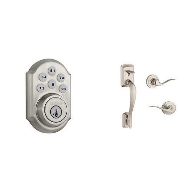 Kwikset 909 SmartCode Electronic Deadbolt featuring SmartKey Security and Avalon Handleset with Tustin Right Handed and Left Handed Lever in Satin Nickel