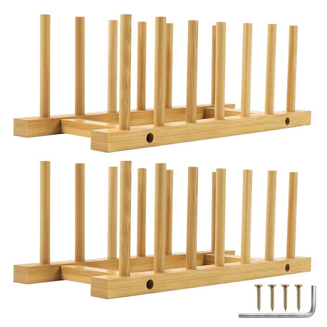 DEBETOOL 2 Pack Wooden Dish Rack Holder - Bamboo Plate Organizer for Cabinet Dishes Pots Lid & Cutting Boards, Kitchen Cabinet Space Saving Storage Solution