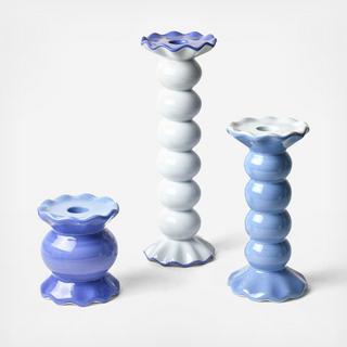 Iris Blue Ruffle Knobbed 3-Piece Candle Holder Set