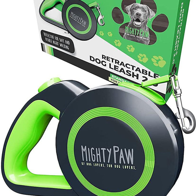 Mighty Paw Retractable Dog Leash 2.0 | 16’ Heavy Duty Reflective Nylon Tape Lead for Pets Up to 110 LBS. Tangle Free Design W/ One Touch Quick-Lock Braking System & Anti-Slip Handle. (Green/Standard)