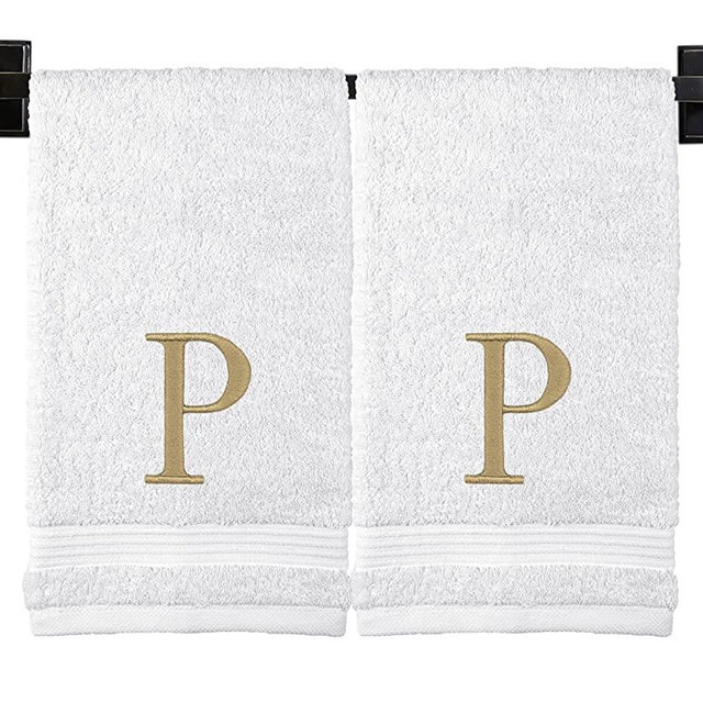 Custom Luxury Towels Monogrammed Hand Towels - Choose from 100% Turkish Cotton or Made in USA - Luxury Spa Quality - Set of 2 - Embroidered Gold Thread Modern Monogram - Personalized Towels, White