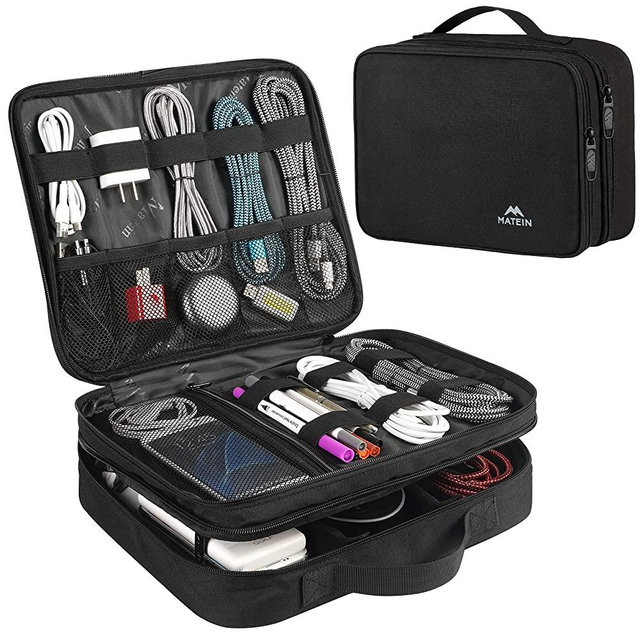 Matein Cable Organizer Bag, Large Travel Storage Bag Durable Tool Case for Cellphone Cord Electronics Accessories, Carrying Tech Bag for IPad (Up to 12.9inch), Powerbank, Hard Drive, Black