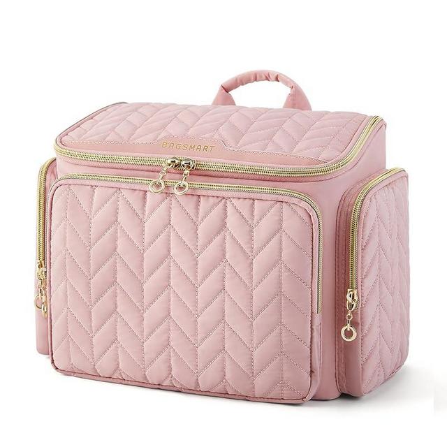 BAGSMART Travel Toiletry Bag, Large Wide-open Travel Bag for Toiletries, Makeup Cosmetic Travel Bag with Handle-Pink