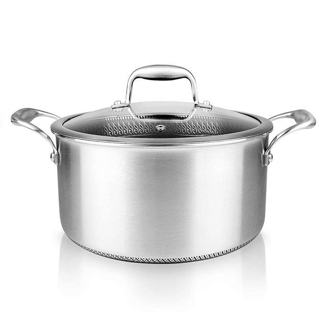 5 QT Stainless Steel Stew Pot - Triply Kitchenware Stew Pot with Glass Lid - DAKIN Etching Non-Stick Coating, Scratch-resistant Raised-up Honeycomb Fire Textured Pattern - NutriChef NC3PCAS