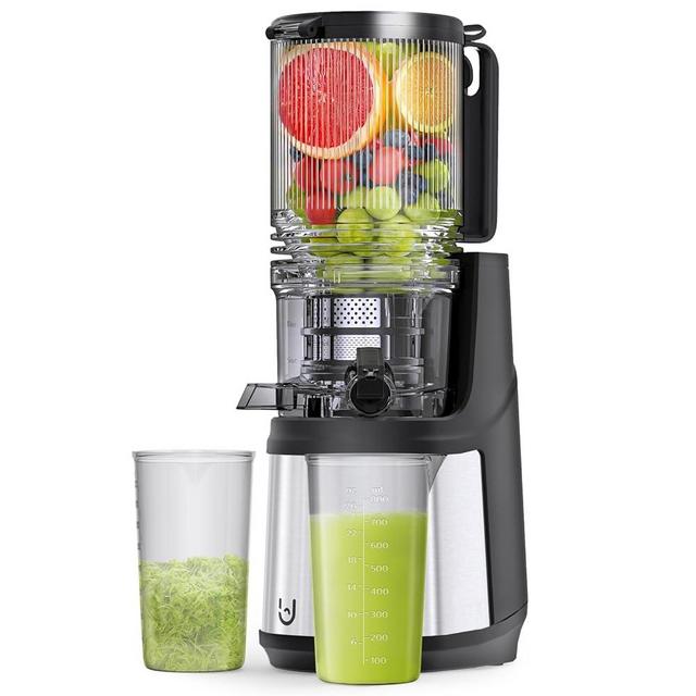 Masticating Juicer Machines, 5.3" Inch Feeding Chute Supports Whole Fruits and Vegetables，350W Slow Cold Press Juicer，Easy to Clean,Gray-Stainless Steel