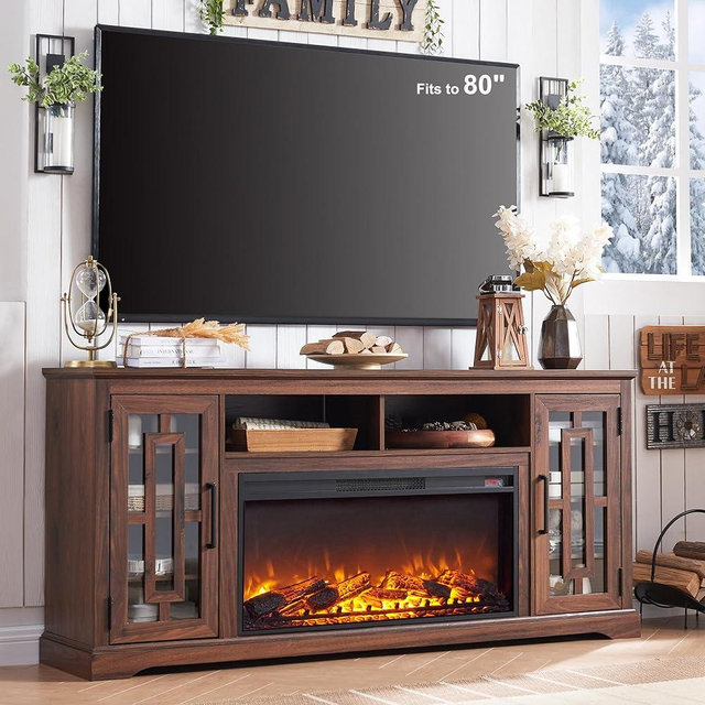 JXQTLINGMU Fireplace TV Stand with 36" Electric Fireplace for 80 Inch TV, Farmhouse 32" Tall Highboy Entertainment Center w/6 Shelves, Modern Media Console w/Storage for Living Room, Brown