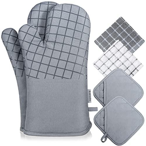 koroda Oven Mitts and Pot Holders Sets: 550°F High Heat Resistant Oven Mitts with Kitchen Towels Thick Cotton Cooking Gloves with Silicone Non-Slip Grip for Baking Grilling and BBQ(6pcs, Grey)