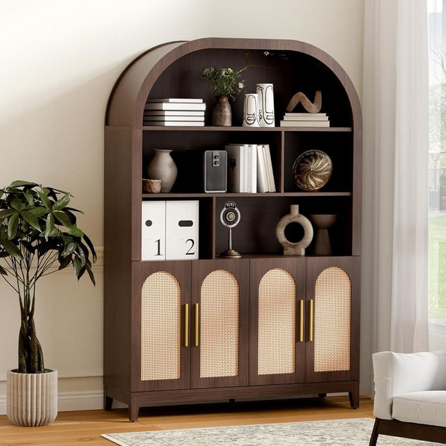 Trygoal 71" Tall Wide Arched Storage Cabinet, 5-Tier Rattan-Door Bookcase with Divider Shelf & Gold Pull Handles, Wood Versatile Pantry Organizer for Living Room/Kitchen/Office, Walnut
