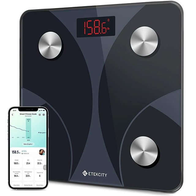 Etekcity Smart Digital Bathroom Weighing Scales with Body Fat and Water Weight for People, Bluetooth BMI Electronic Body Analyzer Machine, Black, 400 lb