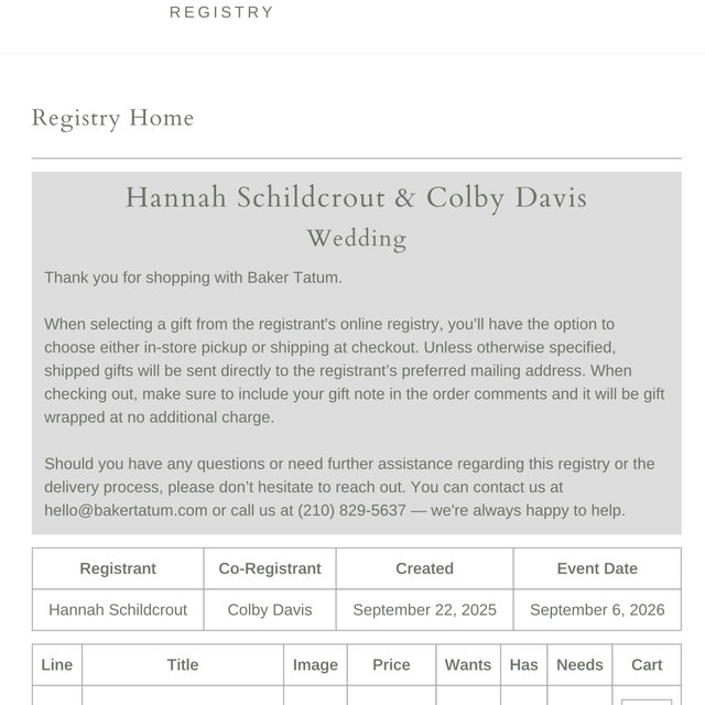 Baker Tatum Registry