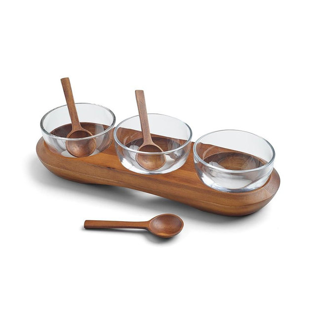 Nambe Cooper Triple Condiment Server | Glass Bowls | Small Serving Bowl for Side Dishes, Dips, Salsa, and Appetizers | 4" Bowls with Spoons | Acacia Wooden Tray