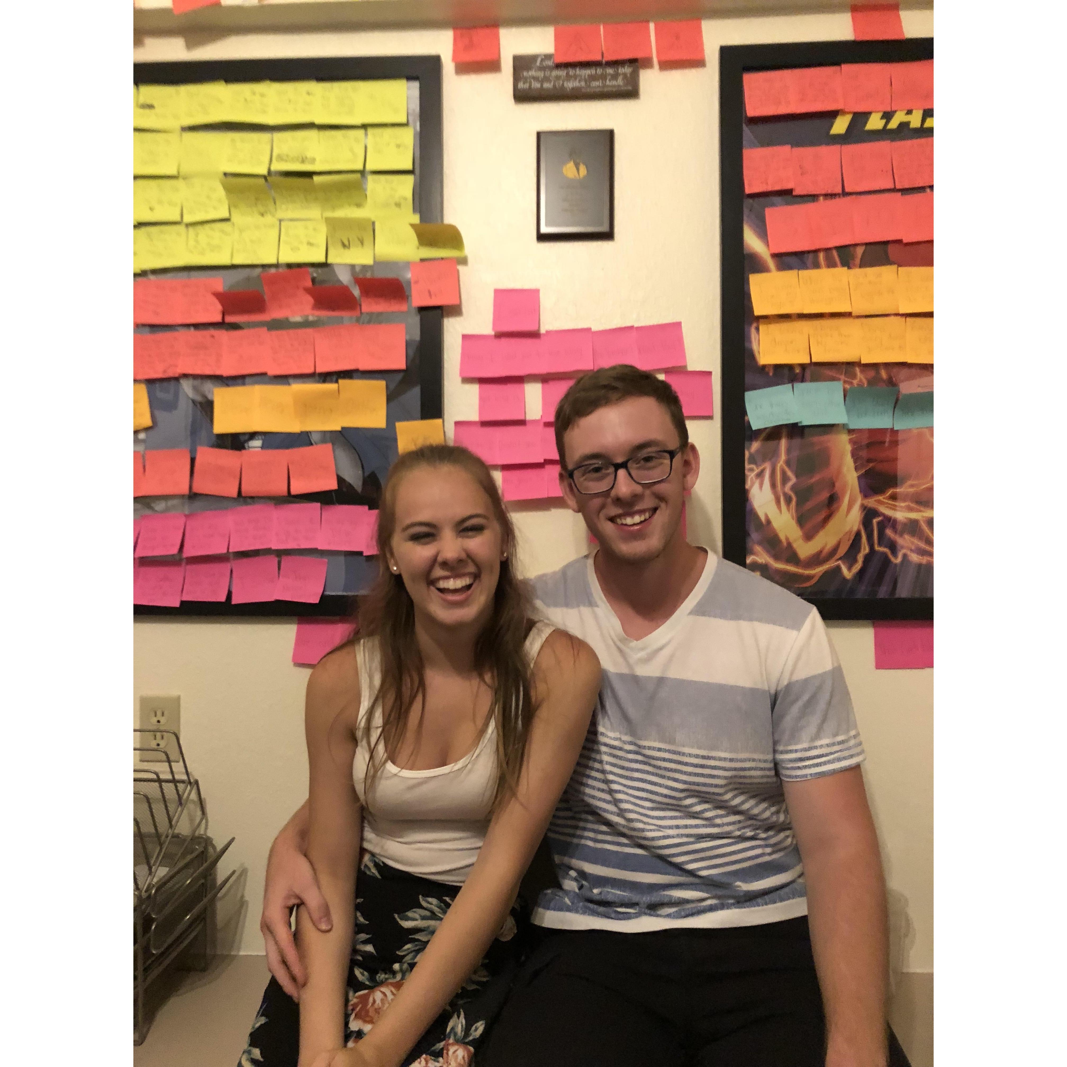 I tricked Zach by coming back to school a day early and covering his wall with sticky notes of our favorite song verses. The funny thing is, he didn't even see the sticky notes initially.