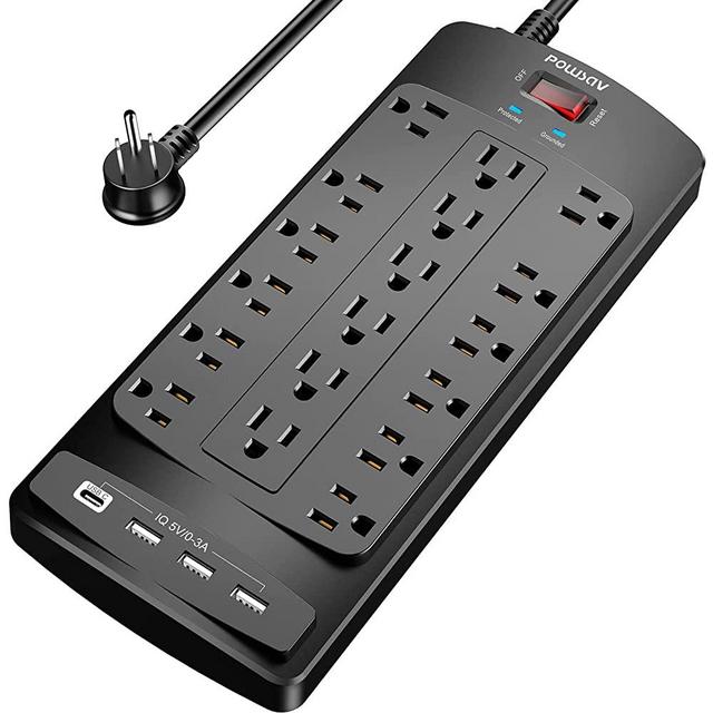 Power Strip with 8 Ft , POWSAV Surge Protector with 18 Outlets and 4 USB Ports(1 USB C Outlet), 8 Feet Extension Cord (1875W/15A), 2100 Joules, ETL Listed, Black