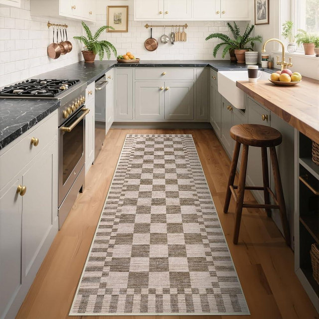 GarveeHome 2×6 Kitchen Runner Rug Non Slip Brown Checkered Rug,Washable Runner Rug for Hallway Soft Low-Pile Geometric Tan Brown Print Checkerboard Rugs for Entryway Kitchen Dining Room