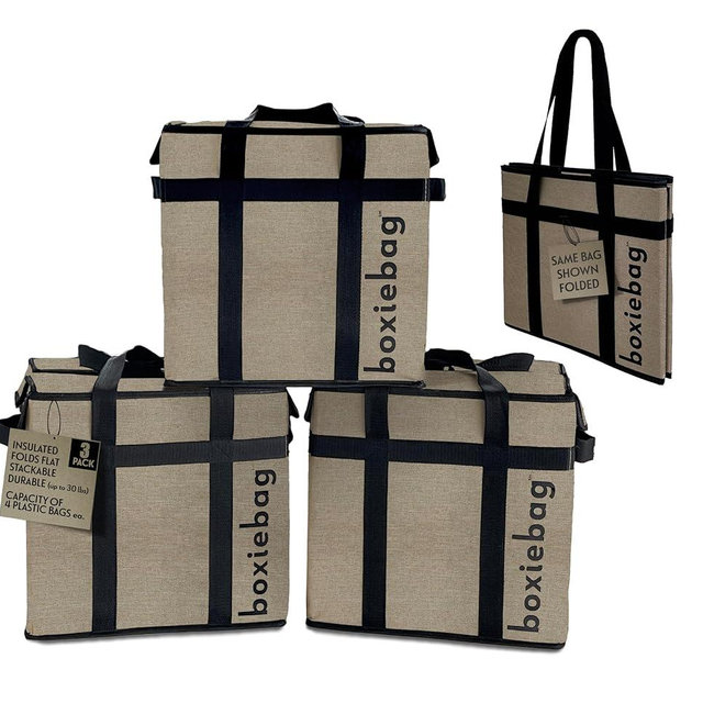 Boxiebag - Deluxe - Natural - 3 Pack. Collapsible Insulated Reusable Bag Box.