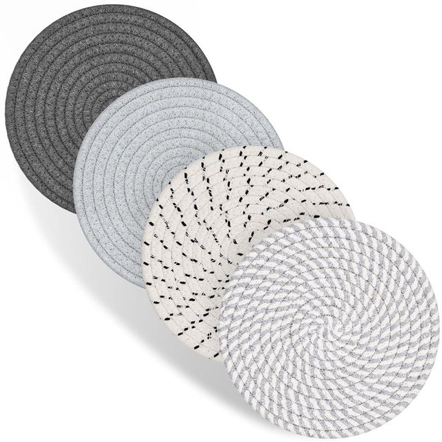 Trivets for Hot Dishes, 4 Pot Holders for Kitchen, Heat Resistant Mats for Countertop, 8 Inch Hot Pads for Hot Pots and Pans, Coaster, Home Essentials, Rustic Farmhouse Decor (Gray)