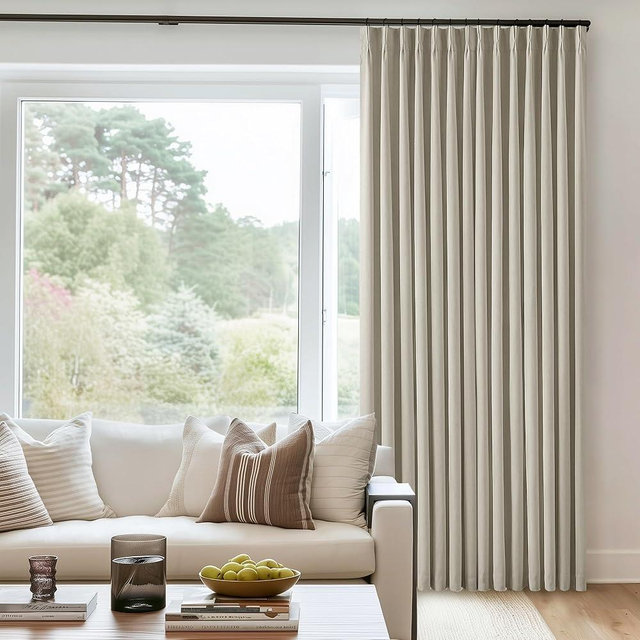 Oatmeal Beige Pleated Linen Blackout Curtains 90 Inches Long for Bedroom Living Room Pinch Pleat Black Out Thermal Insulated Neutral Ring Hooks Back Tab Room Darkening Drapes Curtains with Liner