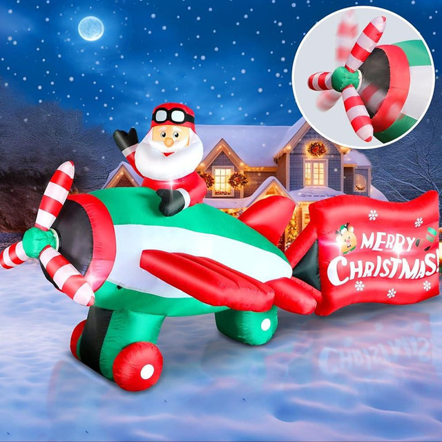 Thanger 10.5 FT Christmas Inflatables Santa Claus on Animated Helicopter, Giant Lighted Inflatable Outdoor Decorations, Blow Up Santa Flying Airplane Decor for Xmas Yard Holiday Party Garden Lawn