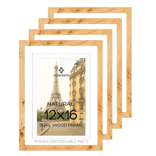 Concepts Set of 4 12X16 Burl Wood Picture Frames with Double Matted (11X14 / 8.5X11), Natural Wood Finish, Eco-Friendly Packaging – Elegant Wallhung Decor for Family Photos