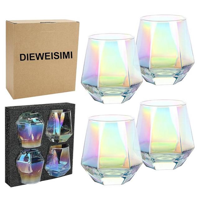 DIEWEISIMI Wine Glasses Set of 4, Stemless Wine Glasses, Modern Rainbow Diamond Wine Glass, Lead-Free Premium Crystal Iridescent Wine Glasses Set for Daily Use Wedding Anniversary or Birthday Gift