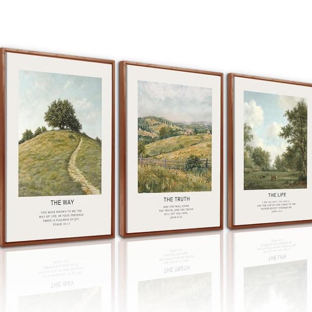LHIUEM Vintage Christian Framed Canvas Wall Art Set of 3(12”X16”) The Way The Truth The Life Wall Decor,Bible Verse Artwork Scripture Wall Painting,Religious Art Prints for Living Room,Bedroom,Office