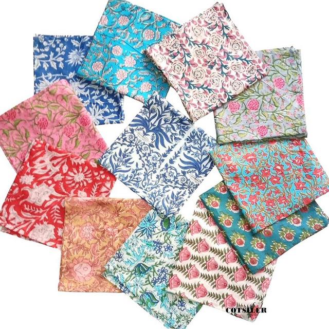 Premium Handblock Cotton Napkin Set of 12 - Exquisite Design and Quality Handmade 16 inch X 16 Inch Set of 12 for Dinner