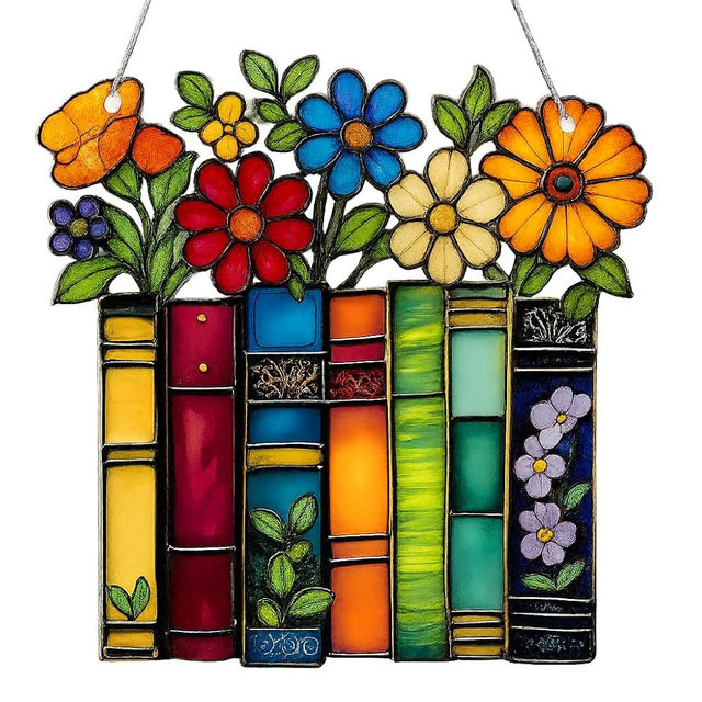 Book Lovers Gifts Book Ornament, Teacher Gifts for Women, Librarian, Reader, Bookworm, English Teacher Appreciation Reading Gift, Faux Stained Glass Window Hanging, Bookish Christmas Stocking Stuffer