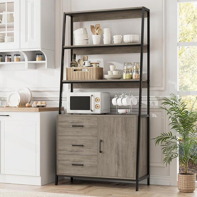 HITHOS 69" Tall Bookshelf, Industrial 4-Tier Bookcase with Wooden Drawers and Ladder Shelves, Free Standing Storage Cabinet Kitchen Bakers Rack with Microwave Oven Stand for Home Office, Ash Grey