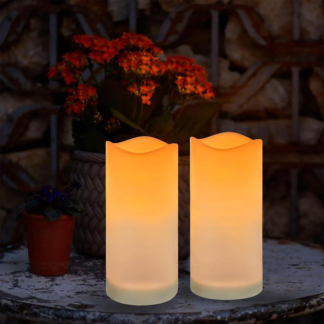 JOHOO Solar Candles Outdoor Waterproof Set of 2 Flameless Pillar Candles with Flickering LED, 3’’x6’’