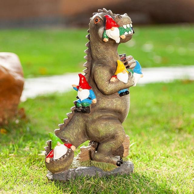 Malister 14 Inch Dinosaur Gnomes Garden Statues for Fall Winter Garden Decor, Garden Gnomes Statues Outdoor Decor, Outdoor Statues for Patio, Lawn, Yard Decorations Outdoor, Housewarming Garden Gifts