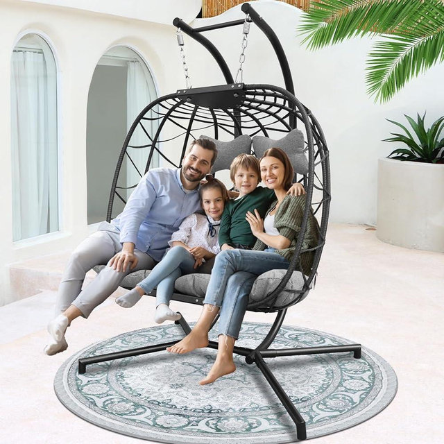 NICESOUL® 2 Seater Hanging Basket Egg Chair Oversized Egg Swing Chair with Stand for 2 Person Double Outdoor Loveseat Swing Chair with Stand Grey Color All Weather Indoor Outdoor