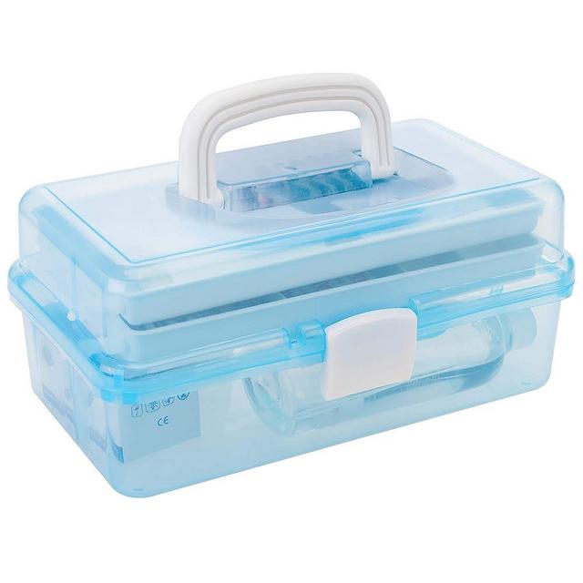 MyGift Transparent Blue Plastic Multipurpose Portable Storage Box - Sewing Box, Tool Box, First Aid Kit and Craft Supplies Organizer Case with Latching Lid, Handle and 2 Expandable Trays