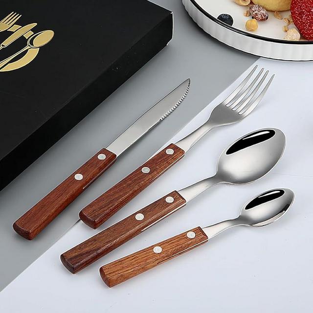 24-Piece Wood Handle Silverware Set Cutlery Set Flatware Set for 6 Easy to Clean Handle Antiskid Food-Grade Stainless Steel for Family Gatherings Formal Occasions Daily Household Use