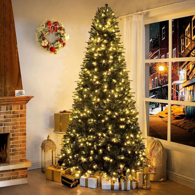 Naomi Home Traditional 7.5ft Prelit Artificial Christmas Tree with 1746 Branch Tips, 550 Warm Lights and Metal Stand, 52" Wide Realistic Fir Christmas Tree with Lights