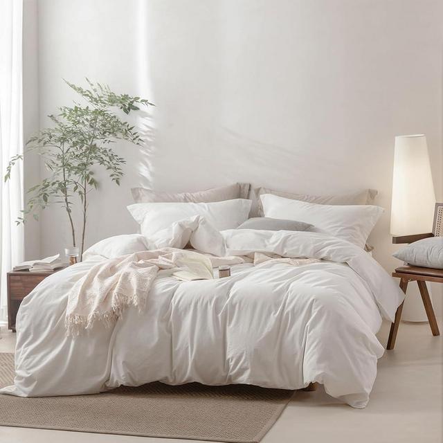 BDEAR Linen Feel Duvet Cover Queen Size, 100% Washed Cotton Comforter Cover Size 90x90inch with Zipper Closure and 2 Pillowcases, Solid-Off White