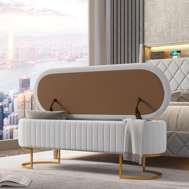 EcoHarbor Living 50.5" Velvet Bedroom Storage Bench Ottoman, Upholstered End of Bed Bench with Gold Legs,Entryway Footrest Seat, Dove