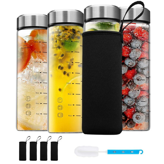 SIEROZUR Glass Juice Bottles 20 oz-4 Pack Leak Proof Wide Mouth Water Bottle with Stainless Steel Lid & Sleeve - for Juicing, Smoothies, Infused Water, Beverage Storage, Eco-Friendly Borosilicate