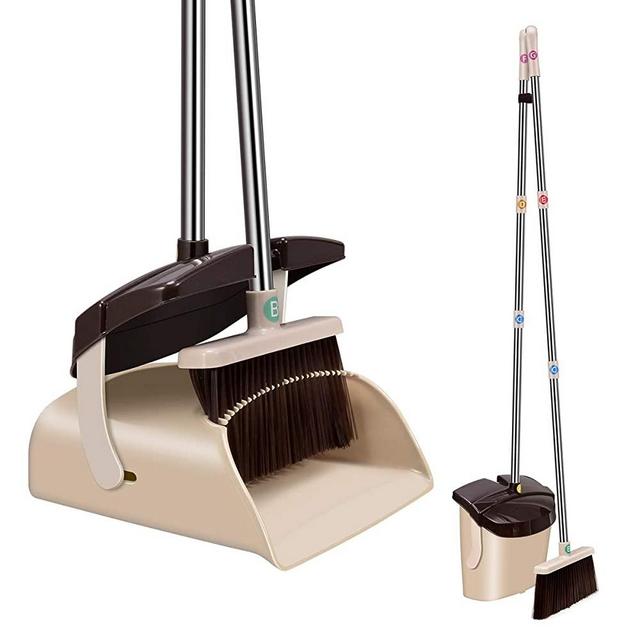 Broom and Dustpan Set Extendable Long Handle Brooms Upright Standing Dustpans Lightweight Stainless Self-Clean Soft Broom Combo for Home Indoor Kitchen Lobby Office Living Room