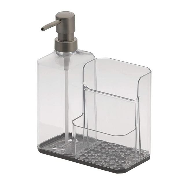 Spectrum Diversified Hexa Sponge & Brush Kitchen Organizer with Refillable Soap Pump, Sponge & Dish, Easy-Clean Sink Organization & Dish Brush Holder with Removable Base, Clear/Gray