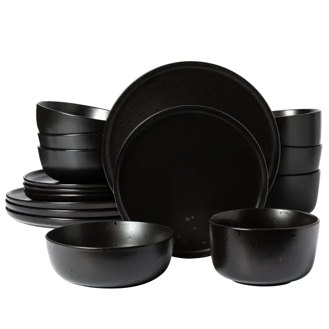 {Gibson Elite James Street 16-Piece Reactive Stoneware Double Bowl Dinnerware - Black