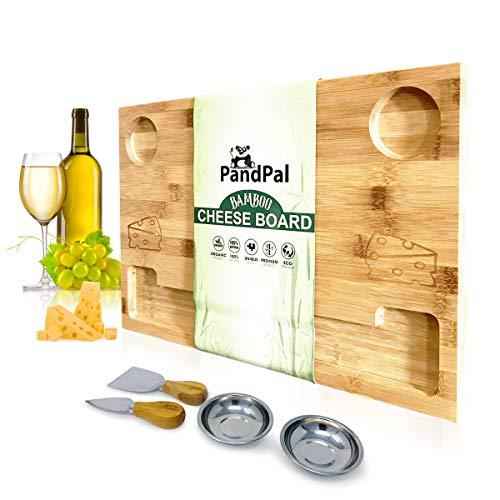 Bamboo Cheese Board Set & Food Serving Tray - BONUS Stainless Steel KNIVES & BOWLS, Extra LARGE [16x11x1] Wooden Cutting Board Charcuterie Platter for Wine, Cracker, Brie, Meat, Dip, Chip by PandPal