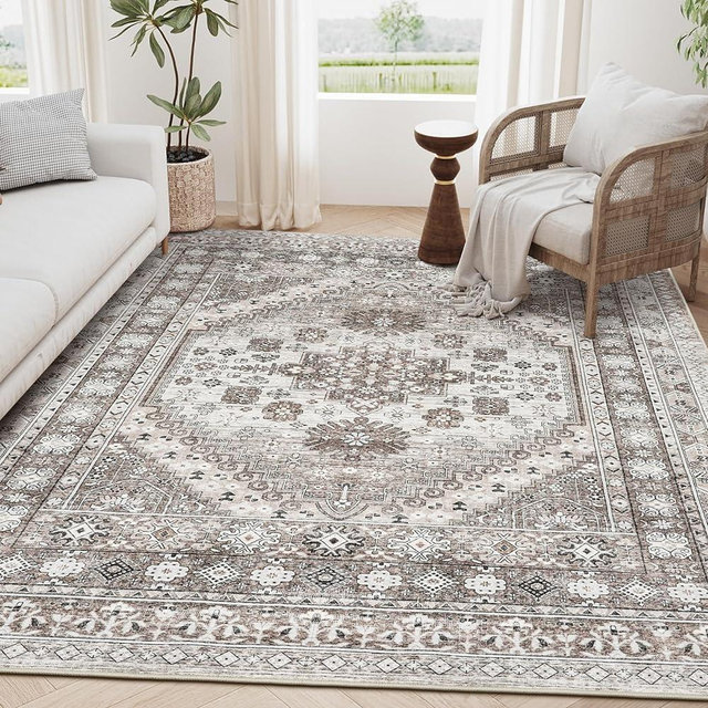 zesthome 8x10 Area Rugs for Living Room,Non-Slip Backing Washable Rugs,Vintage Large Area Rug，Stain Resistant Home Decor Rug (Brown/Beige,8'x10')