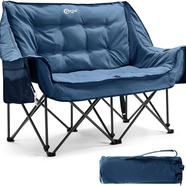 PORTAL Double Camping Chair Sofa 2 Person Loveseat Folding Thicken Camp Chair for Adults with Cup Holder, Outdoors Lawn Camp Soccer Sports, Support 600 lbs (Blue)