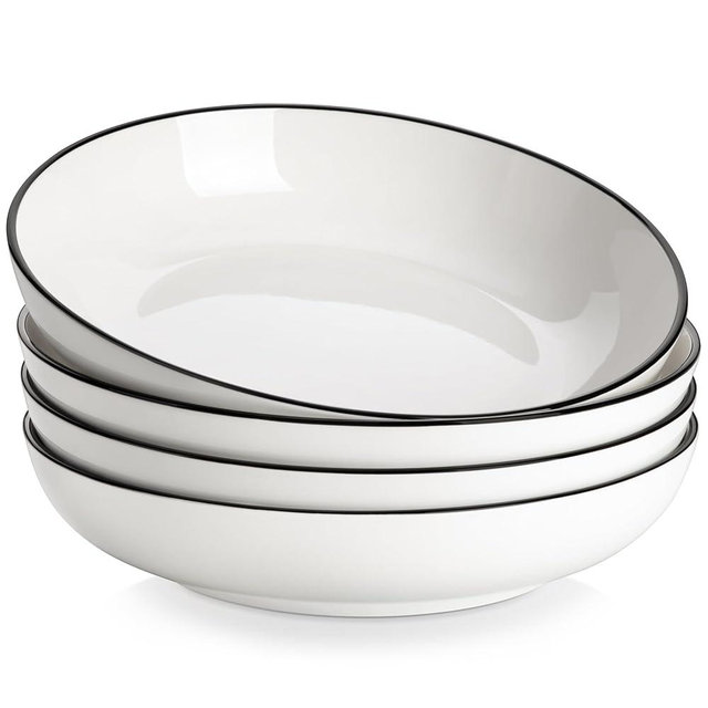 MALACASA 10" Large Pasta Bowls, 56 OZ White Salad Bowls Soup Bowls, Porcelain Serving Bowls Set of 4, Ivory White & Black Rim, Microwave & Dishwasher Safe, Series REGULAR