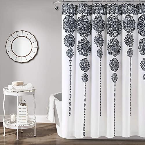 Lush Decor, Navy Stripe Medallion Shower Curtain-Fabric Mandala Bohemian Damask Print Design, x 72”, Blue